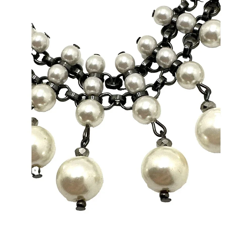 Vintage Faux Pearl Dangle Collar Necklace Black Chain Tribal Choker 14
